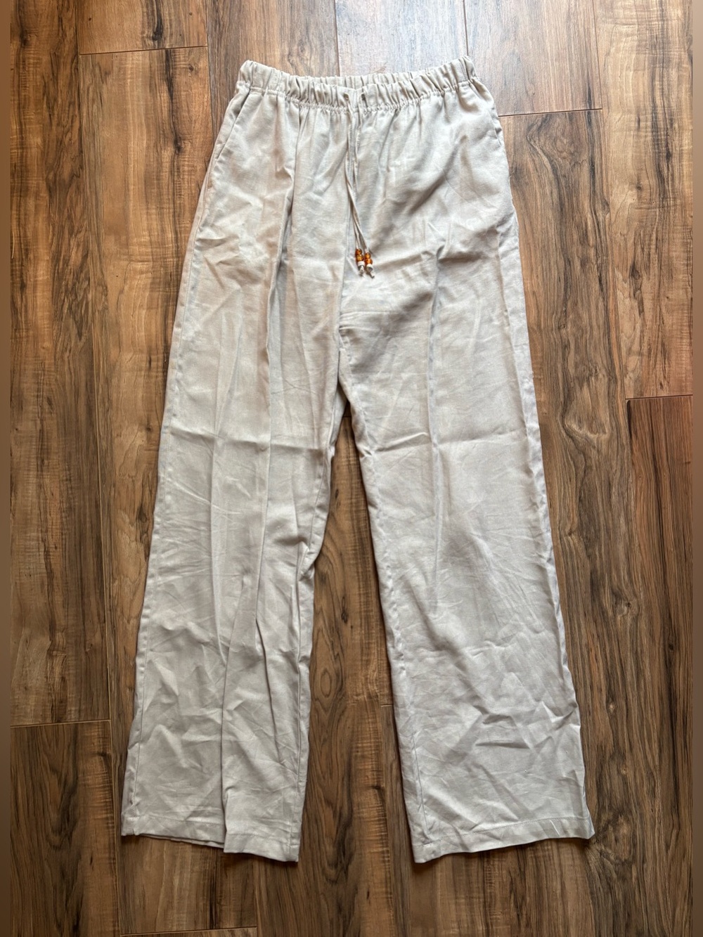Love Tree Beige Linen Blend Drawstring Straight Leg Pants - Size L